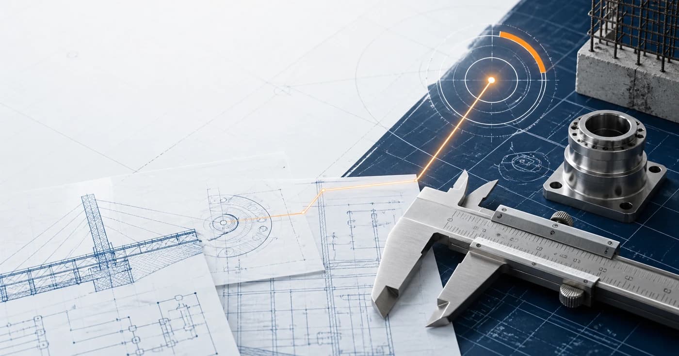 Precision caliper, engineering drawings, and a glowing measurement path